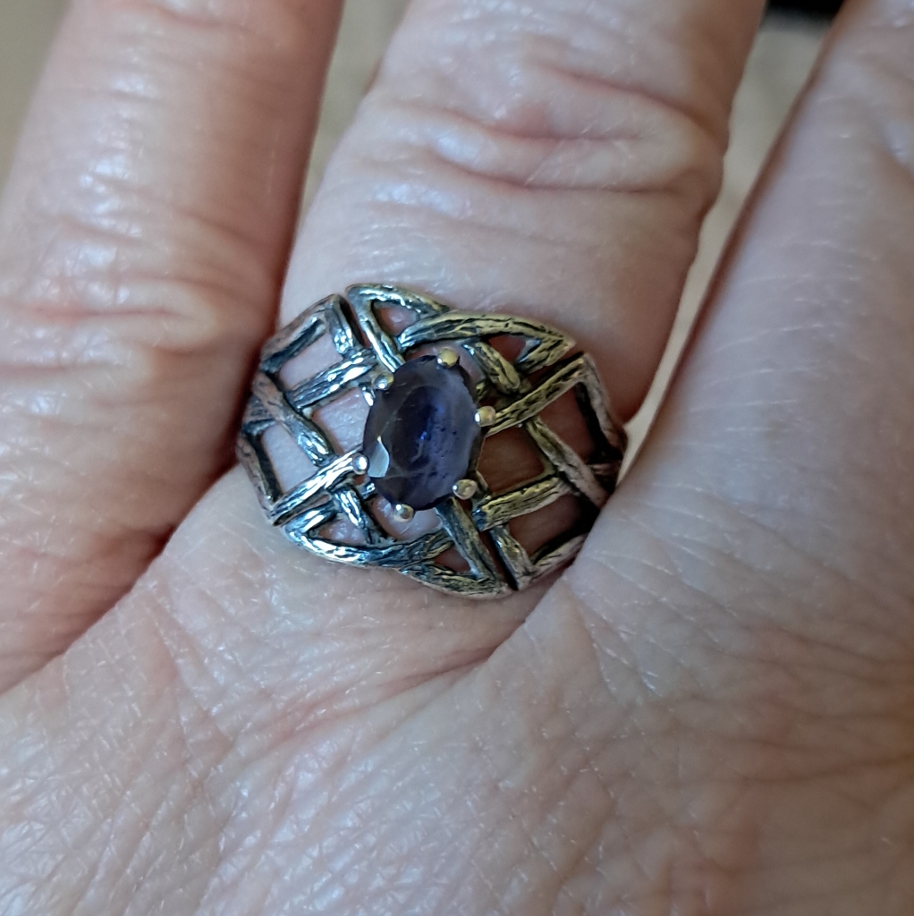 Vintage Handmade Artisan Sterling Silver Amethyst Basket Weave Ring
